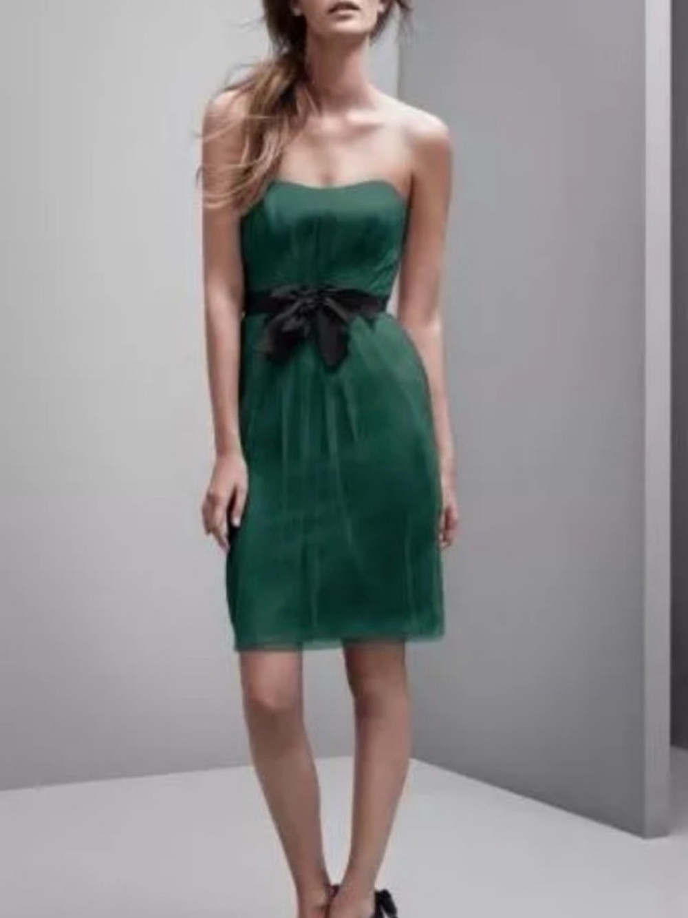Vera Wang Strapless Forest Green Dress with Black Bow